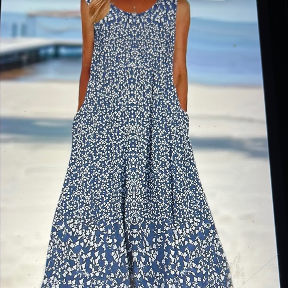 006 Blue and White Smocked Maxi Sundress